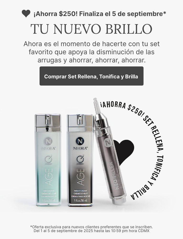A promotional banner for Neora’s Fill, Lift & Glow Set. Featured is text reading ”Preferred Customers only: Save $15 off until Sept 5,” and a “Shop Fill, Lift & Glow Set” button underneath it.